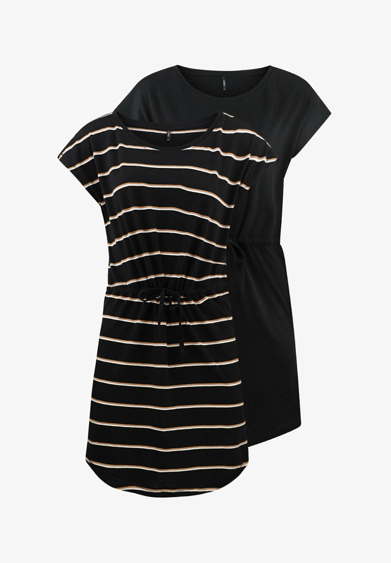 Twee korte mouw jurken: een zwarte en een zwarte met crèmekleurige strepen. Beide hebben een relaxte pasvorm en een trekkoord rond de taille voor aanpassingen.