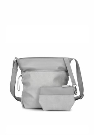 Borsa a tracolla grigia con tracolla regolabile e piccola pochette abbinata con cerniera, entrambe realizzate in materiale liscio e con texture scamosciata.