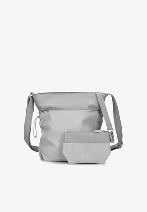 Borsa a tracolla grigia con tracolla regolabile e piccola pochette abbinata con cerniera, entrambe realizzate in materiale liscio e con texture scamosciata.