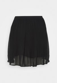 Falda negra plisada con una superposición transparente y una cintura sólida, que presenta un diseño fluido y un dobladillo trasero ligeramente más largo.