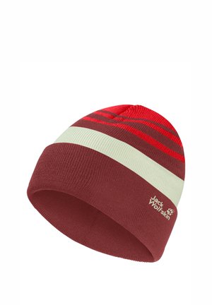 Red and maroon knit beanie with a white stripe and Jack Wolfskin logo on the cuff.