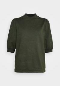 Pull noir vert avec un col montant, des manches courtes bouffantes, des poignets côtelés et un ourlet droit, fabriqué en matière en tricot douce.