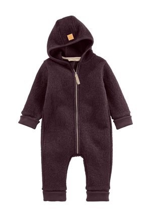 Dunkellila Fleece-Babykombination mit Kapuze, vorderem Reißverschluss, langen Ärmeln und gerippten Bündchen an Ärmeln und Beinen.