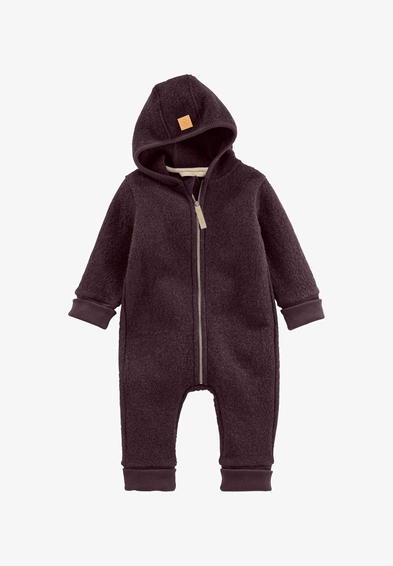 Donkerpaarse fleecedonsuit voor jongens met capuchon, een rits aan de voorkant, lange mouwen en geribde boorden aan de mouwen en benen.