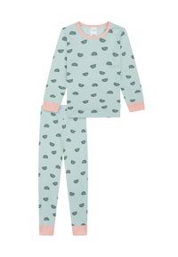 Lichte teal pyjama set van zachte stof, met donkergroene halve boogpatronen. Langsleeve top met roze manchetten en bijpassende taps toelopende broek.