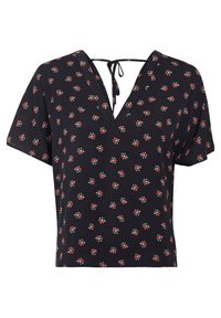 Blusa nera a maniche corte con scollo a V, dettaglio annodato sul retro e piccolo motivo floreale in rosso, blu e verde su tutta la superficie.
