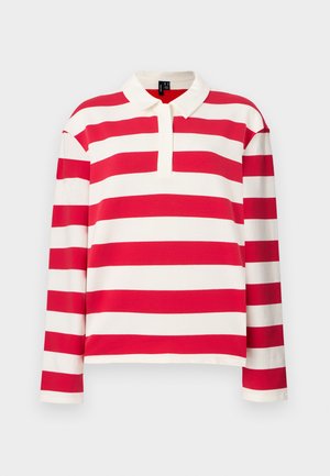 Long-sleeve polo shirt featuring red and white horizontal stripes, with a collar and a half-button placket, made from a soft cotton blend.