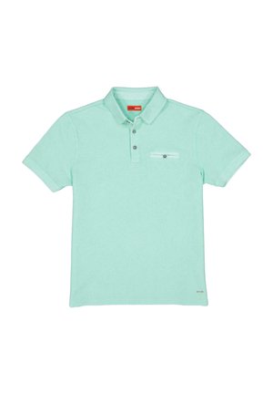 Polohemd in mintgrün aus strukturiertem Stoff, mit Kragen, drei Knöpfen und einer kleinen Brusttasche mit einem weißen Akzentstreifen.