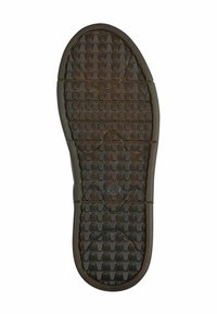 Rubber shoe sole with textured surface featuring wave patterns, rounded toe, and reinforced edges. Dark brown color.