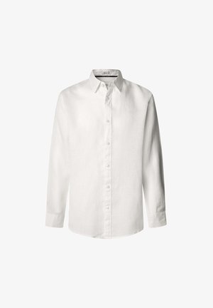 Valge pika varrukaga särk, mis on valmistatud kerge linase riide kasutades, nööbiga disain, terav krae ja õrn logo tikandina rinnal.