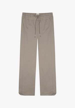 Beige bukser med elastisk talje og snøre. Blødt materiale, lige ben-design med sidesømme. Flade manchetter ved anklerne.