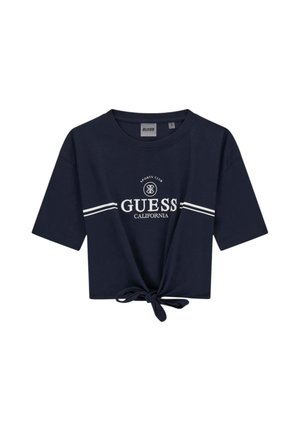 Marineblauw cropped T-shirt met korte mouwen, witte tekst "GUESS CALIFORNIA" en strepen, geknoopte knoop aan de voorzoom.