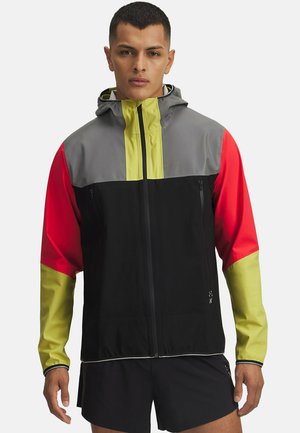 Men's hooded jacket in black, red, gray, and yellow. Waterproof material, zippered front, contrast sleeves, and multiple zip pockets.