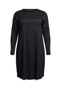 Robe noire à manches longues, longueur genou, en tissu texturé avec un petit motif de pois blancs, encolure ronde et ourlet et poignets légèrement volants.