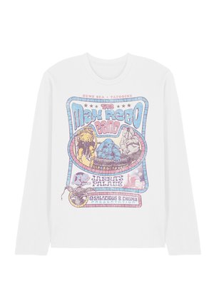 Langärmliges weißes Hemd mit pastellfarbenem Vintage-Design der Star Wars Max Rebo Band, zeigt Charaktere und den Schriftzug "Live from Jabba's Palace."