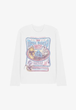 Langärmliges weißes Hemd mit pastellfarbenem Vintage-Design der Star Wars Max Rebo Band, zeigt Charaktere und den Schriftzug "Live from Jabba's Palace."