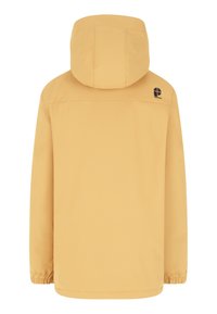 Veste imperméable jaune avec capuche, poignets élastiques et logo dans le haut du dos. Texture lisse, design décontracté et matériau léger.