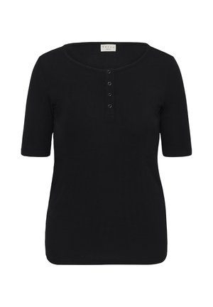 Musta lyhythihainen ribbineulospaita pyöreällä kaula-aukkolla ja neljällä pienellä etunapilla, merkiltään "Kaffe Curve".