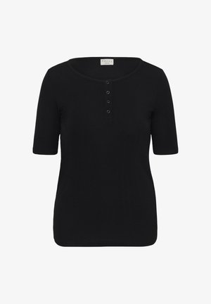 Haut noir à manches courtes en maille côtelée avec encolure ronde et quatre petits boutons frontaux, étiqueté "Kaffe Curve".