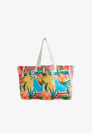 Lõuendist kott, millel on erksavärviline sidrunite, apelsinide ja troopilise taimestiku trükk erinevates värvides. Valged riidest sangad. Ristkülikukujuline.