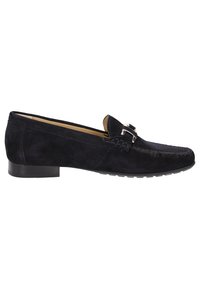 Navy-suede Slipper mit flachem Absatz, dekorativer Naht und einem silberfarbenen Schnallenakzent am Rist. Verfügt über eine strukturierte Gummisohle.