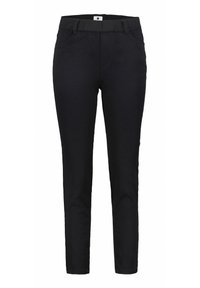 Zwarte broek met een slim fit, elastische tailleband en twee voorzakken. Gemaakt van een soepele stof met een matte afwerking.