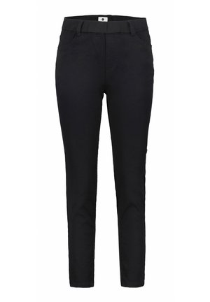 Zwarte broek met een slim fit, elastische tailleband en twee voorzakken. Gemaakt van een soepele stof met een matte afwerking.