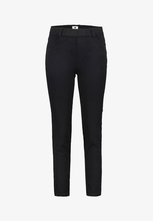 Zwarte broek met een slim fit, elastische tailleband en twee voorzakken. Gemaakt van een soepele stof met een matte afwerking.