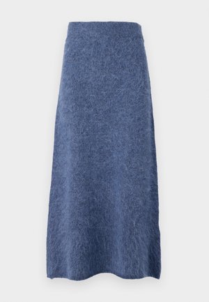 Falda de lana en un suave tono azul, con una silueta recta y una tela texturizada y suave. El dobladillo es ligeramente redondeado.