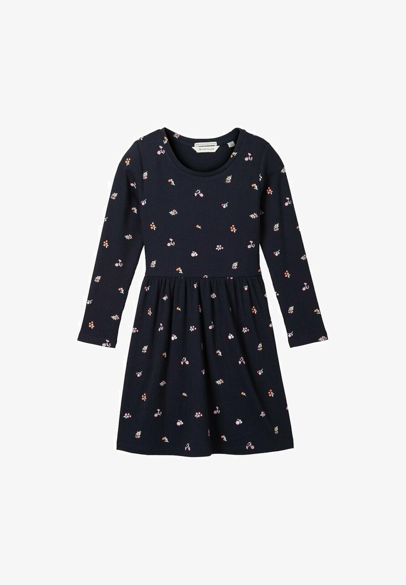 Robe bleu marine à manches longues avec de petits motifs floraux roses, blancs et orange et une taille froncée.