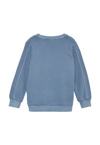 Sweatshirt bleu à manches longues, encolure arrondie, poignets et ourlet côtelés. Texture douce, design minimal, sans motifs ni accents visibles.