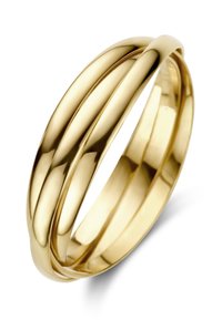 Goldfarbener Ring mit drei ineinandergreifenden Bändern, die eine glatte, polierte Oberfläche und abgerundete Kanten aufweisen und das Licht in einem nahtlosen Design reflektieren.