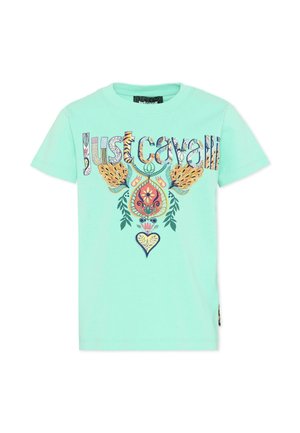 Mintgroen T-shirt met korte mouwen en een kleurrijk bloemen- en hartontwerp onder de tekst "Just Cavalli" op de borst.
