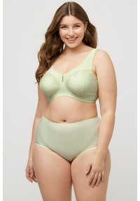 Juego de sujetador y bragas de cintura alta de color verde claro, hecho de tela suave. El sujetador cuenta con un ribete decorativo y tirantes ajustables.