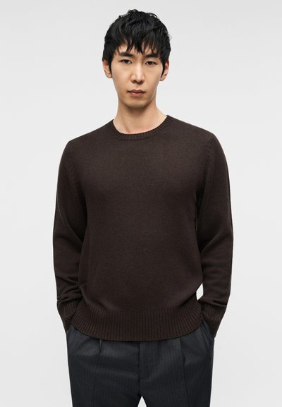 Καφέ πλεκτό πουλόβερ με στρογγυλή λαιμόκοψη και ριμπ τελείωμα. Φορεμένο με γκρι παντελόνι με λεπτές ρίγες. Απλός σχεδιασμός που εστιάζει στην υφή του υφάσματος.