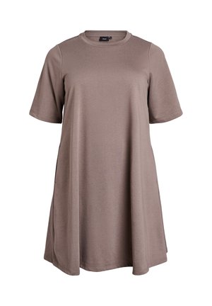 Short-sleeve, A-line dress in light brown fabric; features a round neckline and side pockets with a smooth, soft texture.