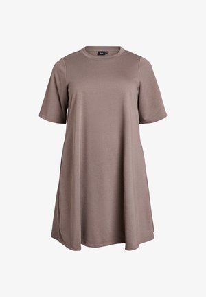 Īsām piedurknēm, A-līnijas kleita gaiši brūnā audumā; ar apaļu kakla līniju un sānu kabatām ar gludu, mīkstu tekstūru.