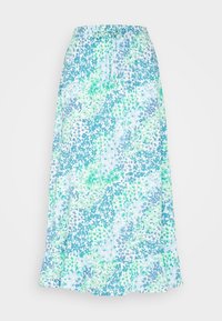 Jupe florale en bleu clair, vert et blanc. Comprend une taille élastique, un ourlet à volants en étages et des motifs botaniques variés sur l'ensemble.