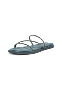Teal flat sandals with two decorative straps featuring a textured finish. Soft cushioned footbed with a rounded toe and flat sole.