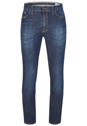 Dark blue denim jeans with a slim fit, featuring five-pocket design, subtle fading, and contrasting orange stitching. Button fly closure.