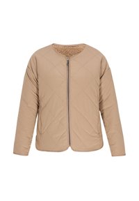 Beige gesteppte Jacke mit rundem Kragen, Reißverschluss und weichem Innenfutter. Mit langen Ärmeln und einem lässigen Schnitt.
