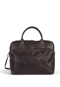 Braune Leder-Laptoptasche mit zwei oberen Griffen, vorderer Reißverschlusstasche und abnehmbarem Schultergurt. Glatte Oberfläche mit poliertem Finish.
