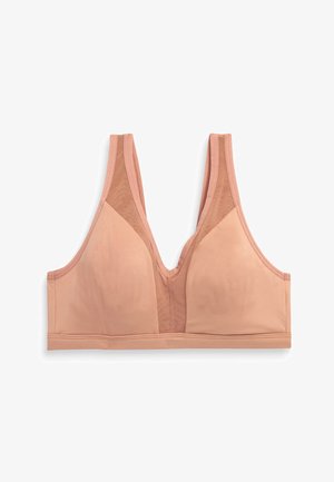 Sima vezeték nélküli bralette puha barack színű anyagból, hálós oldalsó betétekkel, mély V-nyakkivágással és minimalista dizájnnal. Sima textúra, nincs hardver.