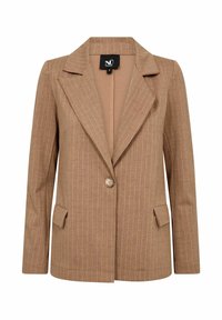 Pruun triibuline bleiser, mis on valmistatud tekstuursest kangast, pikad varrukad, lohk-lapeli ja ühe nööbiga kinn closure.