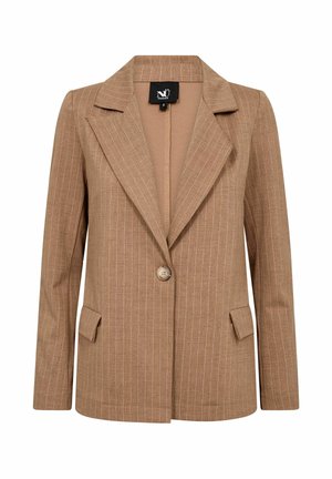 Smeđi sako s prugicama izrađen od strukturirane tkanine, s dugim rukavima, rebrastim reverima i jednim dugmetom za zatvaranje.