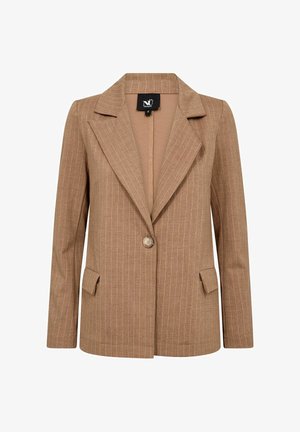 Smeđi sako s prugicama izrađen od strukturirane tkanine, s dugim rukavima, rebrastim reverima i jednim dugmetom za zatvaranje.