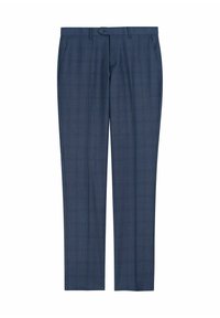 Granatowe spodnie w kratę, z prostą nogawką, płaskim przodem i zapięciem na guzik. Wykonane z gładkiego materiału.