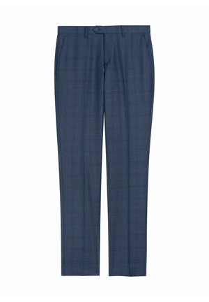 Granatowe spodnie w kratę, z prostą nogawką, płaskim przodem i zapięciem na guzik. Wykonane z gładkiego materiału.