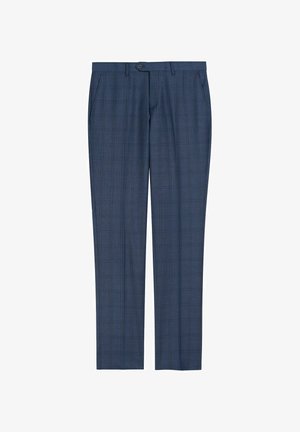 Granatowe spodnie w kratę, z prostą nogawką, płaskim przodem i zapięciem na guzik. Wykonane z gładkiego materiału.