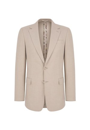 Beżowa marynarka męska jedno guzika z dwoma guzikami, klapami, kieszeniami na klapki oraz wzorzystą podszewką, zaprezentowana na białym tle.